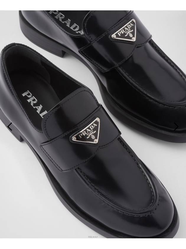 Triangle Logo Brush Leather Loafers Black - PRADA - BALAAN 4