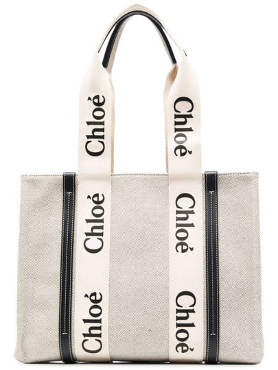 Woody Canvas Medium Tote Bag White Navy - CHLOE - BALAAN 2