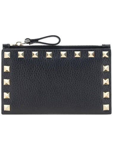 Rockstud Flap Leather Card Wallet Black - VALENTINO - BALAAN 1