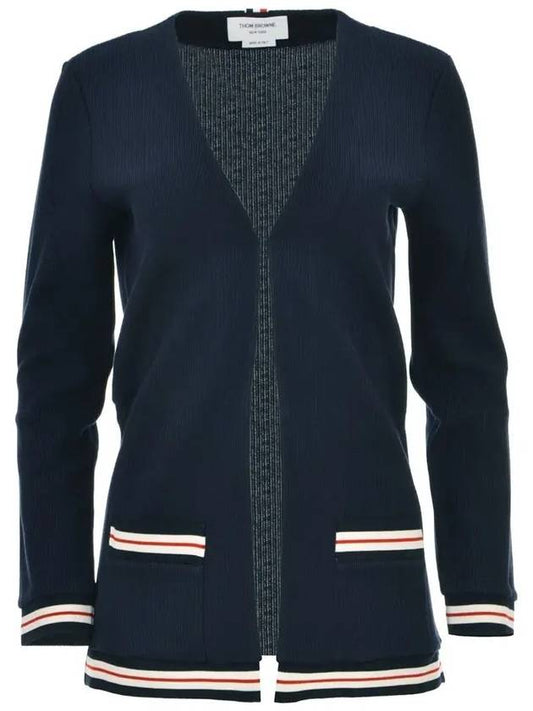 Cricket Stripe Lightweight Textured Cotton V-Neck Cardigan Navy - THOM BROWNE - BALAAN 2