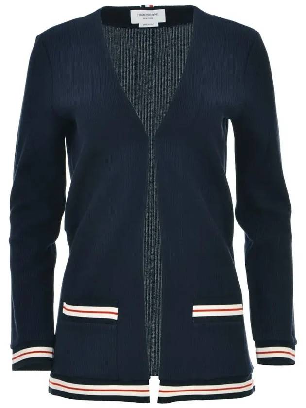 Cricket Stripe Lightweight Textured Cotton V-Neck Cardigan Navy - THOM BROWNE - BALAAN 3