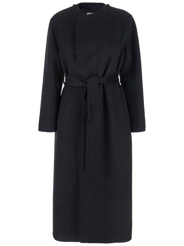 Long Double-Breasted Black Coat With Tie-Up Collar In Heavy Fabric Woman - P.A.R.O.S.H. - BALAAN 7