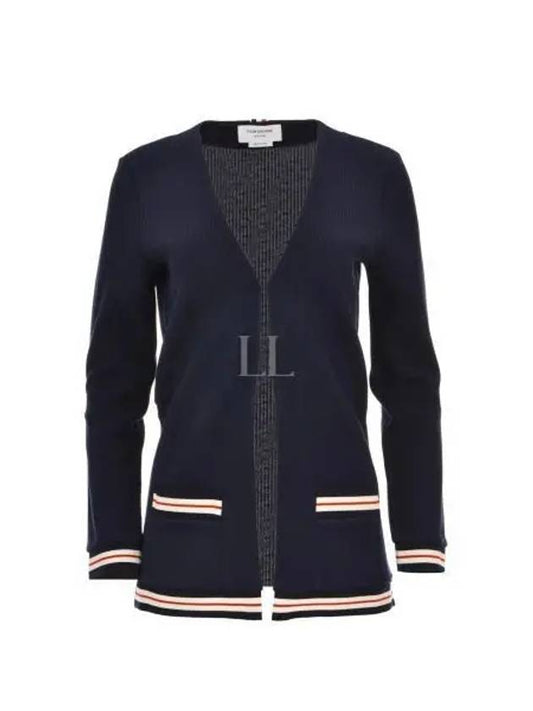 Cricket Stripe Lightweight Textured Cotton V-Neck Cardigan Navy - THOM BROWNE - BALAAN 2