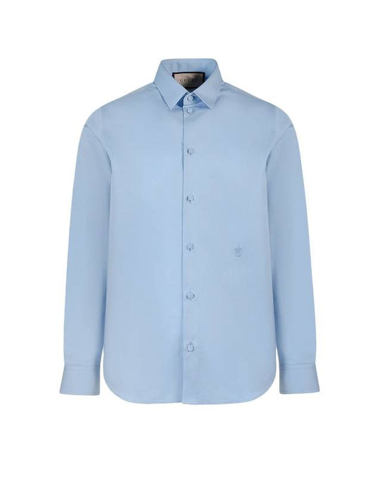 Embroidered Logo Cotton Poplin Long Sleeve Shirt Light Blue - GUCCI - BALAAN 1