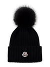 Logo Patch Wool Rib Knit Beanie Black - MONCLER - BALAAN.