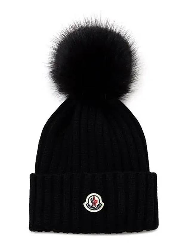 Logo Patch Wool Rib Knit Beanie Black - MONCLER - BALAAN.