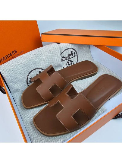 Oran Calfskin Slippers Gold Piqures Ecrues - HERMES - BALAAN 2