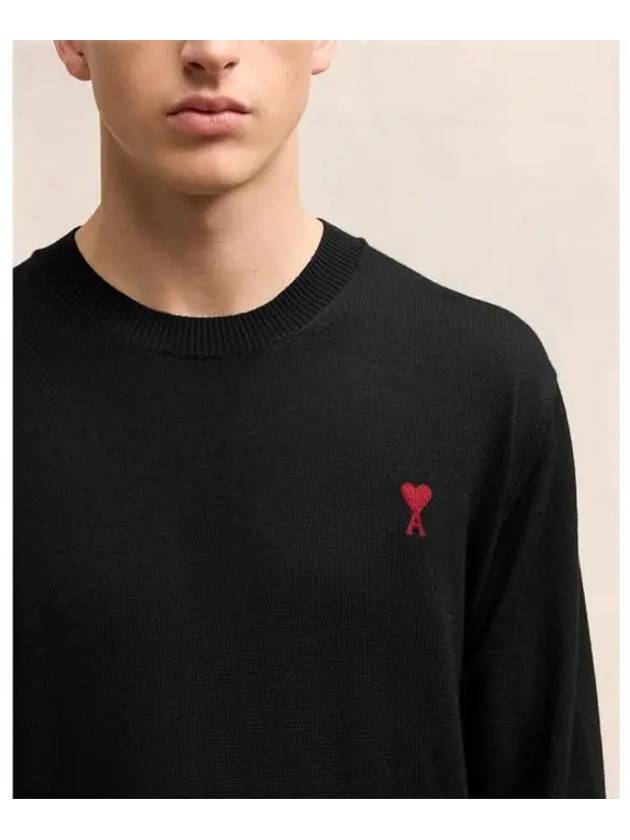 Heart Embroidered Logo Crew Neck Knit Top Black - AMI - BALAAN 7