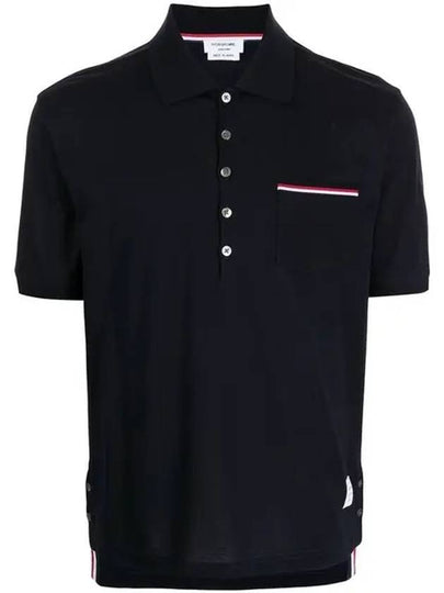 Men's Three Stripes Pocket Mercerized Short Sleeve Polo Shirt Navy - THOM BROWNE - BALAAN 2