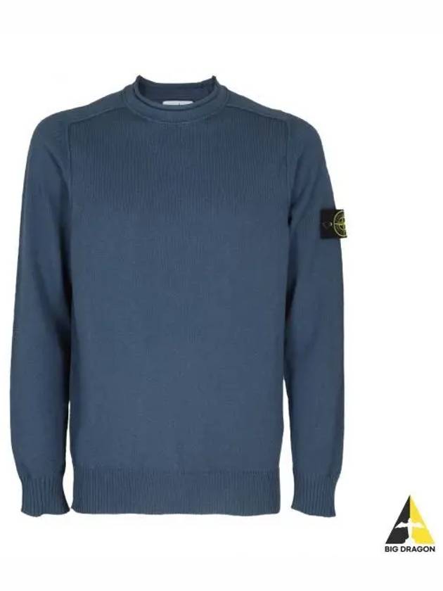 Men's Waffen Patch Crew Neck Raw Cotton Knit Top Blue - STONE ISLAND - BALAAN 2