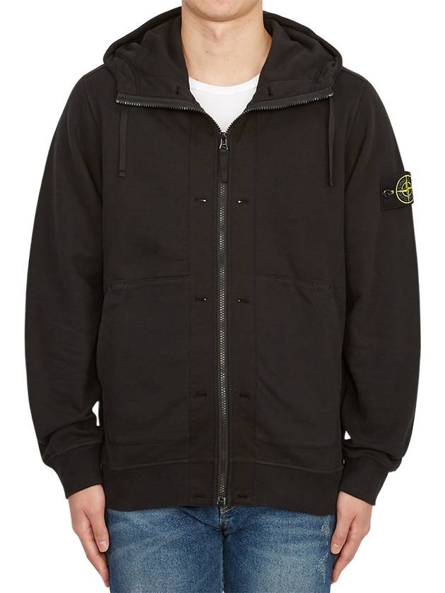 Brushed Cotton Fleece Garment Dyed Hooded Zip Up Black - STONE ISLAND - BALAAN 3