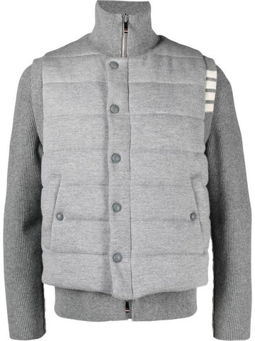 Men's Reversible Padded 4 Bar Funnel Neck Merino Jersey Padding Jacket Grey - THOM BROWNE - BALAAN 1