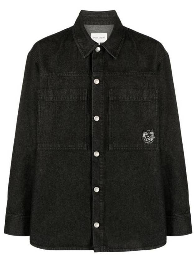 Fox Head Patch Washed Denim Workwear Over Long Sleeve Shirt Black - MAISON KITSUNE - BALAAN 2