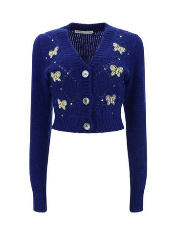 Embroidered Butterfly Pointel Alpaca Cardigan Blue - ALESSANDRA RICH - BALAAN 1