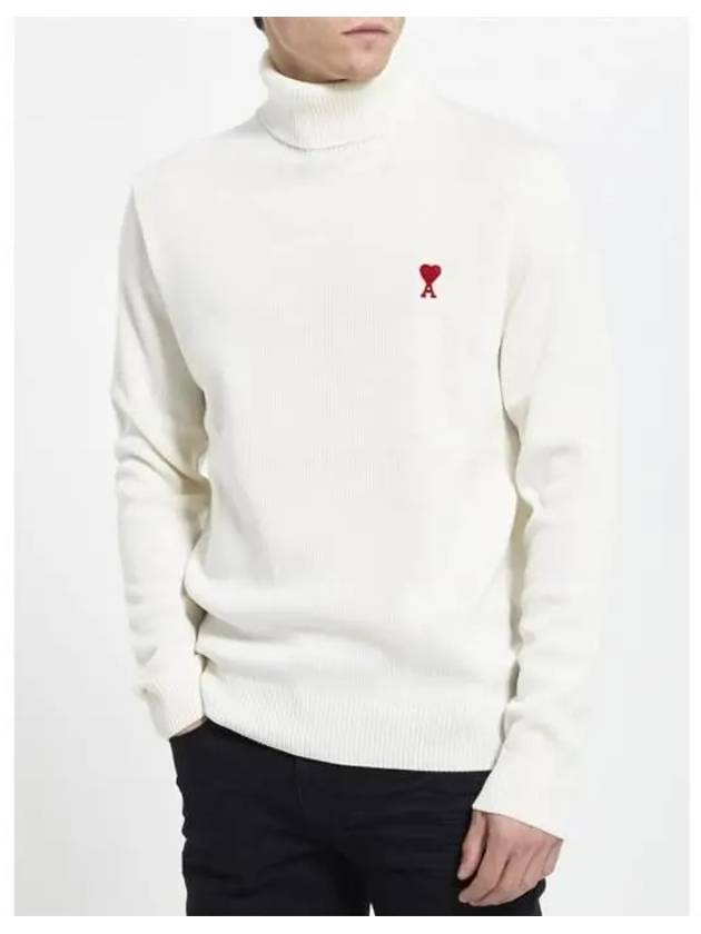 Small Heart Logo Extrafine Merino Wool Turtleneck White - AMI - BALAAN 3