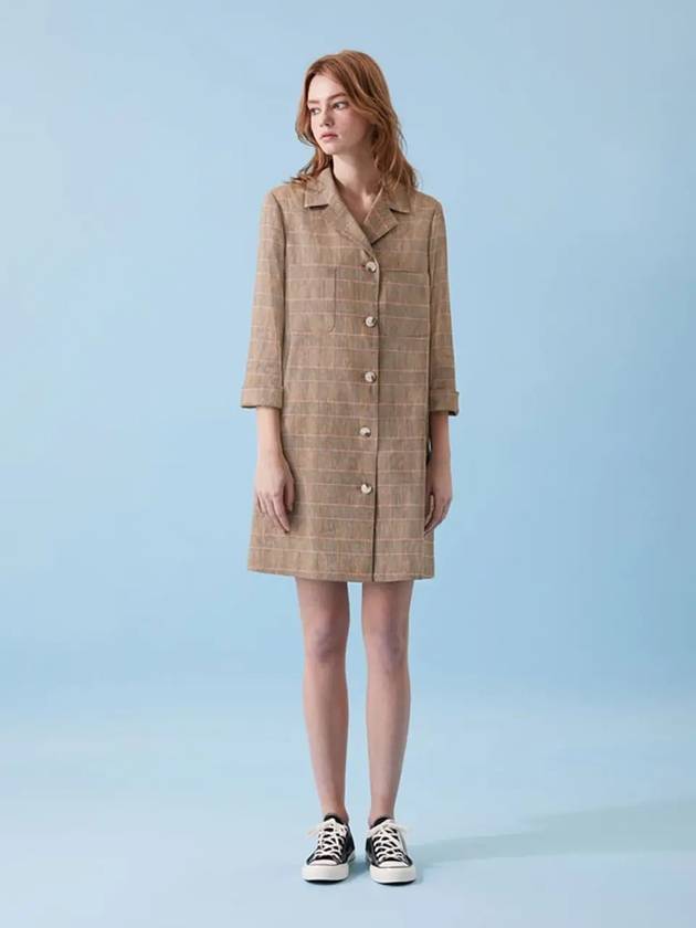 Check Linen Long Jacket Short Dress Brown - VOYONN - BALAAN 9