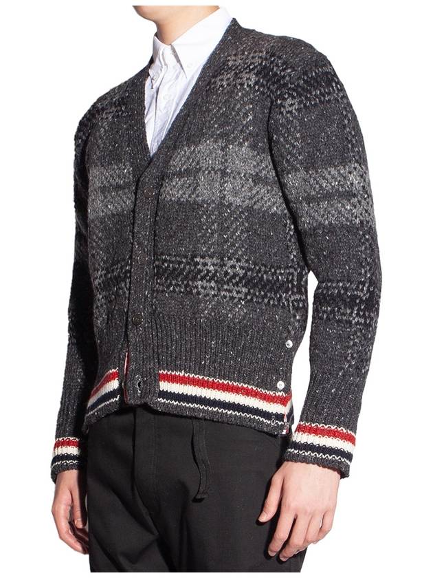 Donegal Tartan Stripe V-Neck Cardigan Grey - THOM BROWNE - BALAAN 7