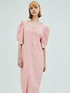 Linen Square Neck Flower Button DressPink - OPENING SUNSHINE - BALAAN 3