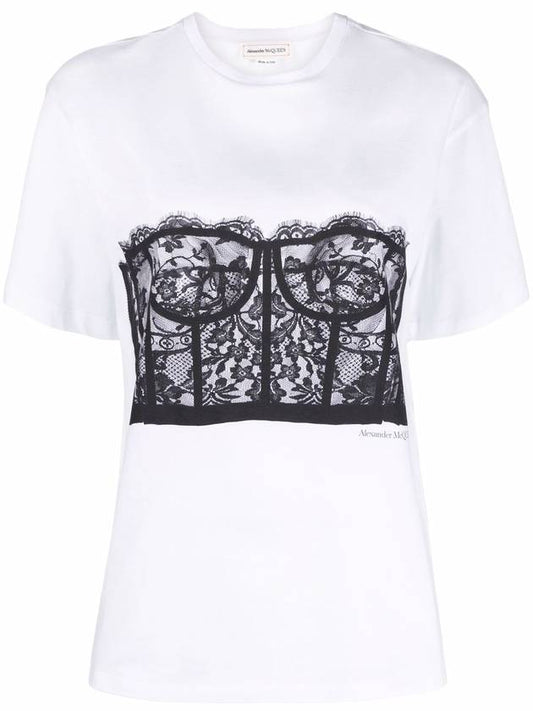 Lace Corset Print Short Sleeves White - ALEXANDER MCQUEEN - BALAAN.
