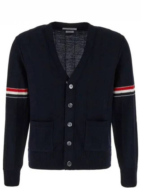 RWB V-neck Striped Virgin Wool Cardigan Navy - THOM BROWNE - BALAAN 2