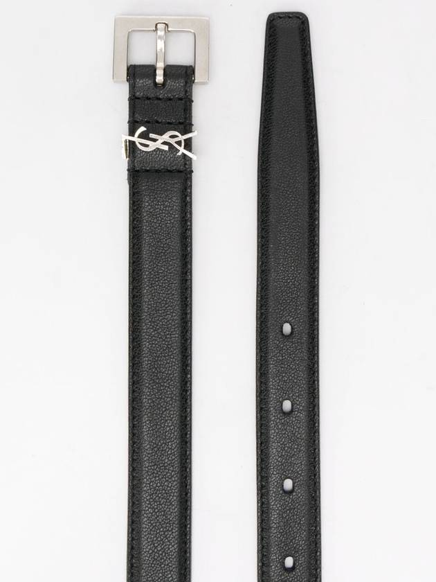 Men's Monogram Silver Buckle Leather Belt Black - SAINT LAURENT - BALAAN 3