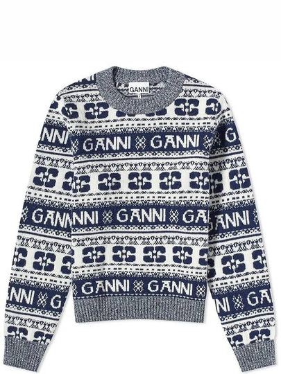 Logo Wool Mix O Neck Knit Top Sky Captain - GANNI - BALAAN 2