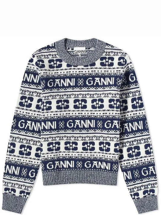 Logo Wool Mix O Neck Knit Top Sky Captain - GANNI - BALAAN 2