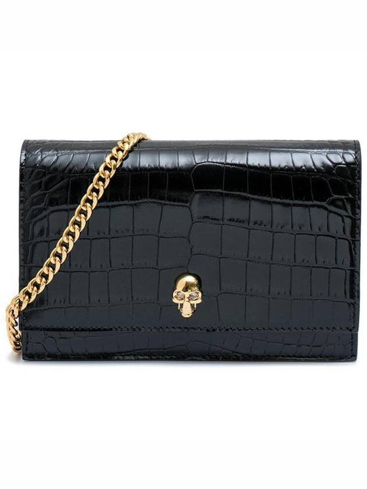 Gold Hardware Skull Crocodile Leather Small Shoulder Bag Black - ALEXANDER MCQUEEN - BALAAN 2