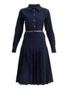 Stripe Flannel Pleated Bottom Belted Cotton Midi Dress Navy - THOM BROWNE - BALAAN 2