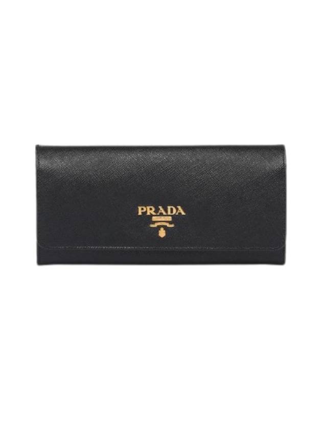 Logo Gold-Plated Saffiano Leather Large Long Wallet Black - PRADA - BALAAN 1