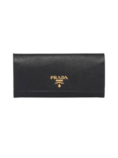 Logo Gold-Plated Saffiano Leather Large Long Wallet Black - PRADA - BALAAN 1