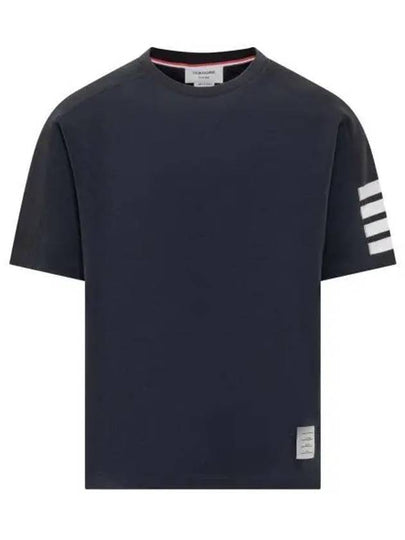 Striped Detail Crew Neck Cotton Short Sleeve T-Shirt Navy - THOM BROWNE - BALAAN 2