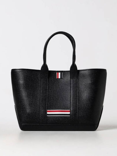 Three Stripe Tab Stripe Leather Tote Bag Black - THOM BROWNE - BALAAN 2