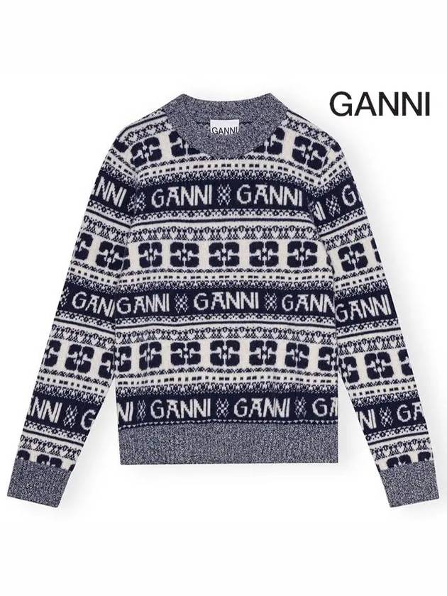 Logo Wool Mix O Neck Knit Top Sky Captain - GANNI - BALAAN 3