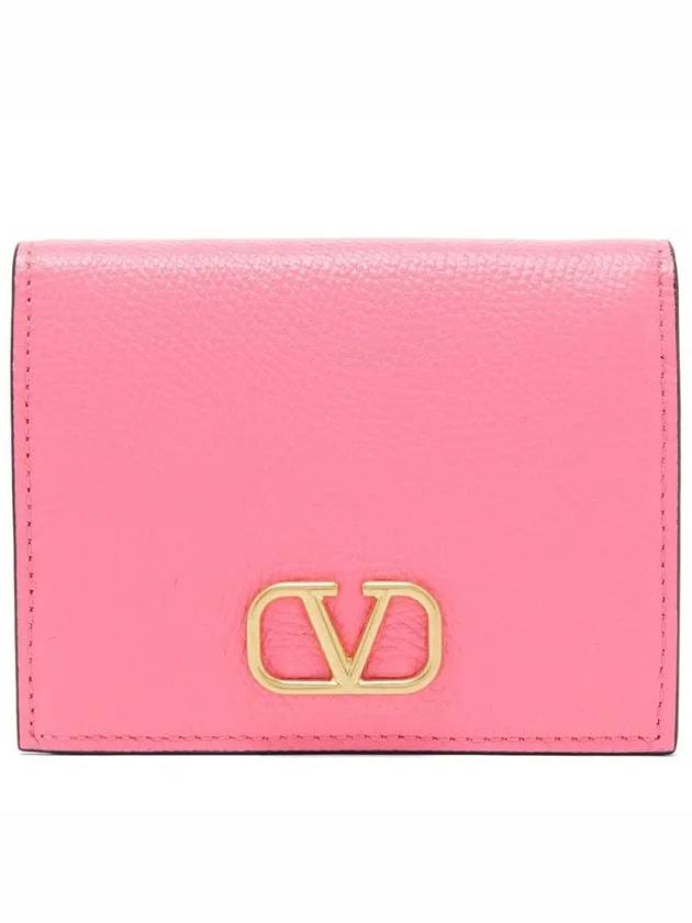 Garavani Gold V Logo Grained Leather Wallet Pink - VALENTINO - BALAAN 1