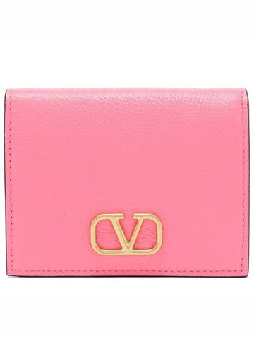 Garavani Gold V Logo Grained Leather Wallet Pink - VALENTINO - BALAAN 1