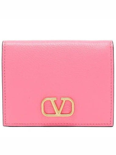 Garavani Gold V Logo Grained Leather Wallet Pink - VALENTINO - BALAAN 1