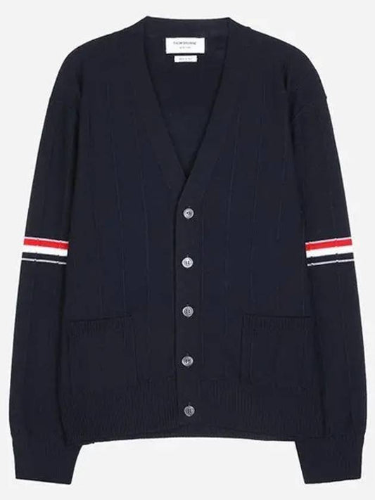 RWB V-neck Striped Virgin Wool Cardigan Navy - THOM BROWNE - BALAAN 2