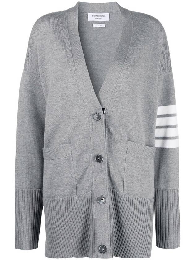 Fine Merino Wool 4-line Oversized Fit V-neck Cardigan Light Grey - THOM BROWNE - BALAAN 2