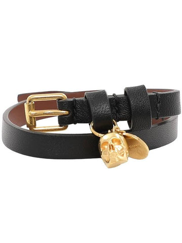 gold-plated skull leather buckle bracelet black - ALEXANDER MCQUEEN - BALAAN.