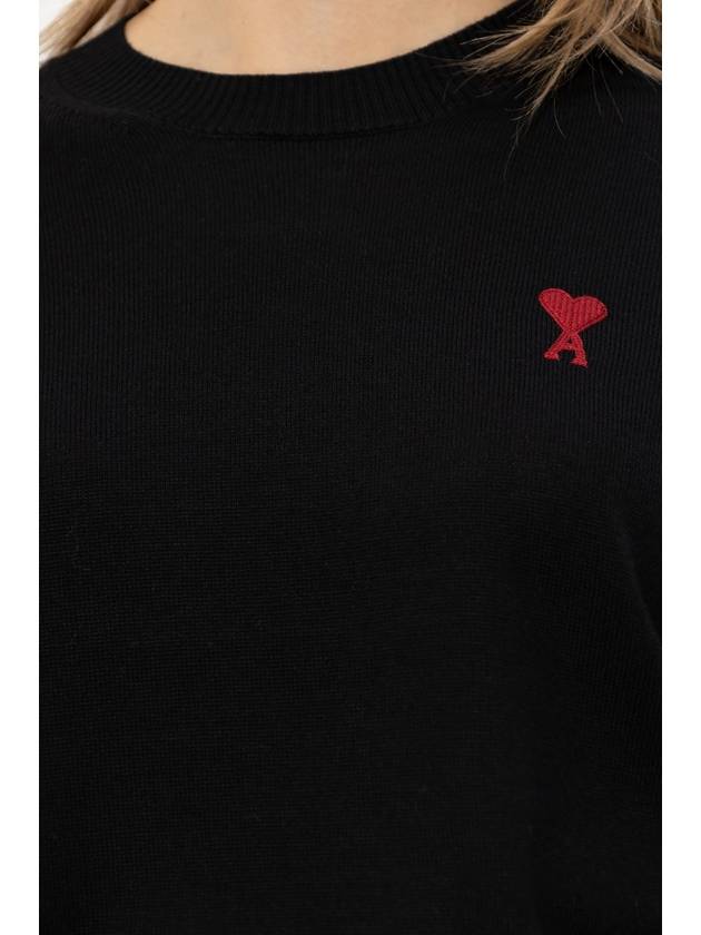 Heart Logo Crew Neck Merino Wool Knit Top Black - AMI - BALAAN 7