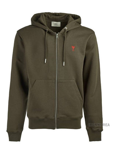 Red Small Heart Logo Cotton Hooded Zip-up Dark Coffee - AMI - BALAAN 2