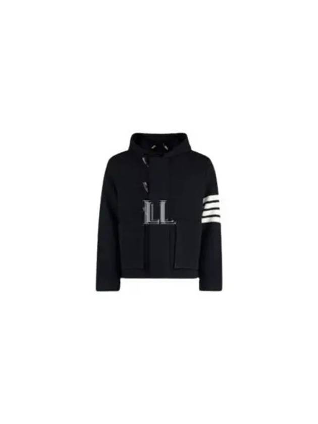 Boiled Wool Half Cardigan Stitched Hooded 4 Bar Double Jacket Navy - THOM BROWNE - BALAAN 2