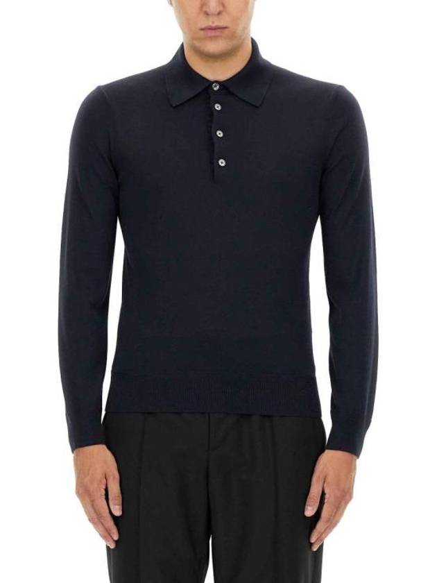 Long Sleeve Knit Polo Shirt Navy - TOM FORD - BALAAN 1