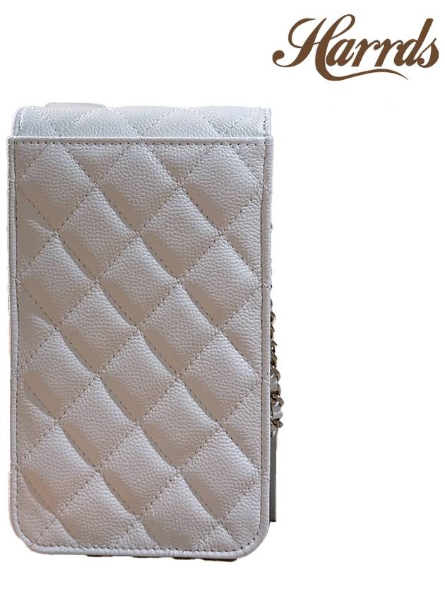 Classic Ribbon Chain Phone Holder Cross Bag WOC Caviar White Silver AP3307 - CHANEL - BALAAN 4