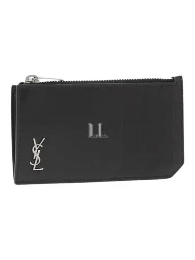 Tiny Cassandre Fragments Silver Hardware Leather Zipper Card Wallet Black - SAINT LAURENT - BALAAN 2