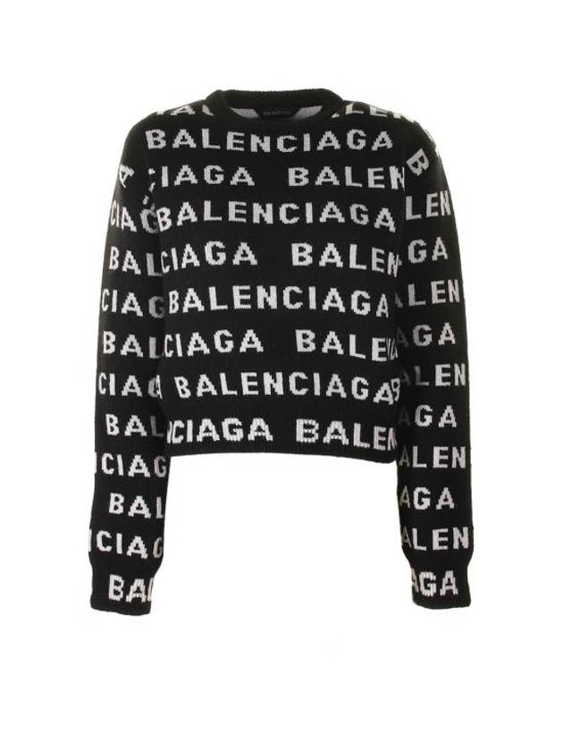 Intarsia All-Over Logo Crew Neck Knit Top Black - BALENCIAGA - BALAAN 2