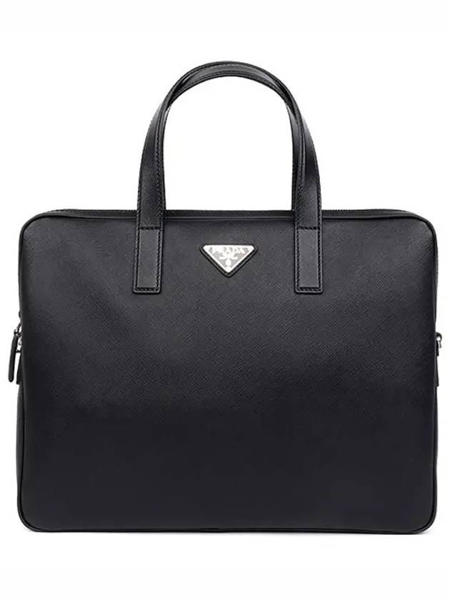 triangle logo saffiano leather brief case black - PRADA - BALAAN 3