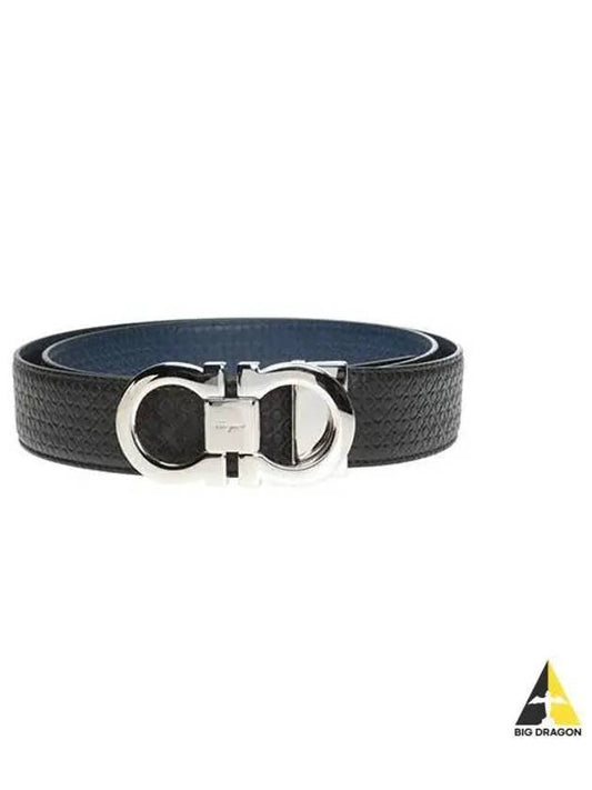 Double Gancini Reversible Leather Belt Black Fiore Blue - SALVATORE FERRAGAMO - BALAAN 2