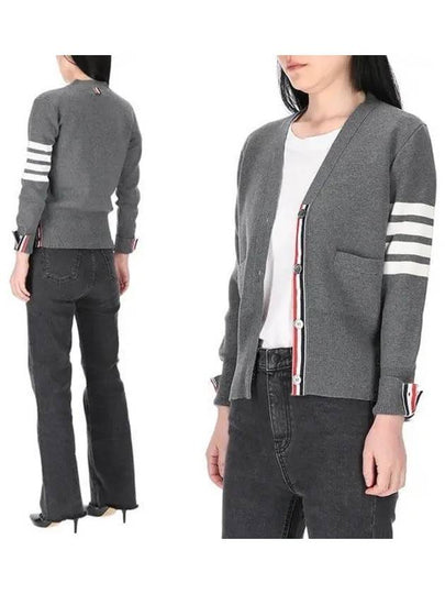 Milano Stitch 4 Bar Classic V Neck Fine Merino Wool Cardigan Medium Grey - THOM BROWNE - BALAAN 2